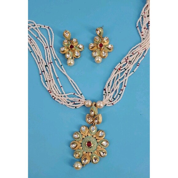 Statment Necklace And Earring Set Boho Ethnic Fairy Beaded Flower India - Picture 2 of 12